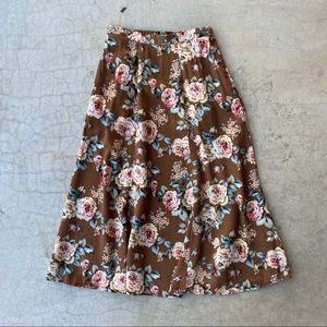 Vintage Autumn Floral Brown Flutter Midi Skirt